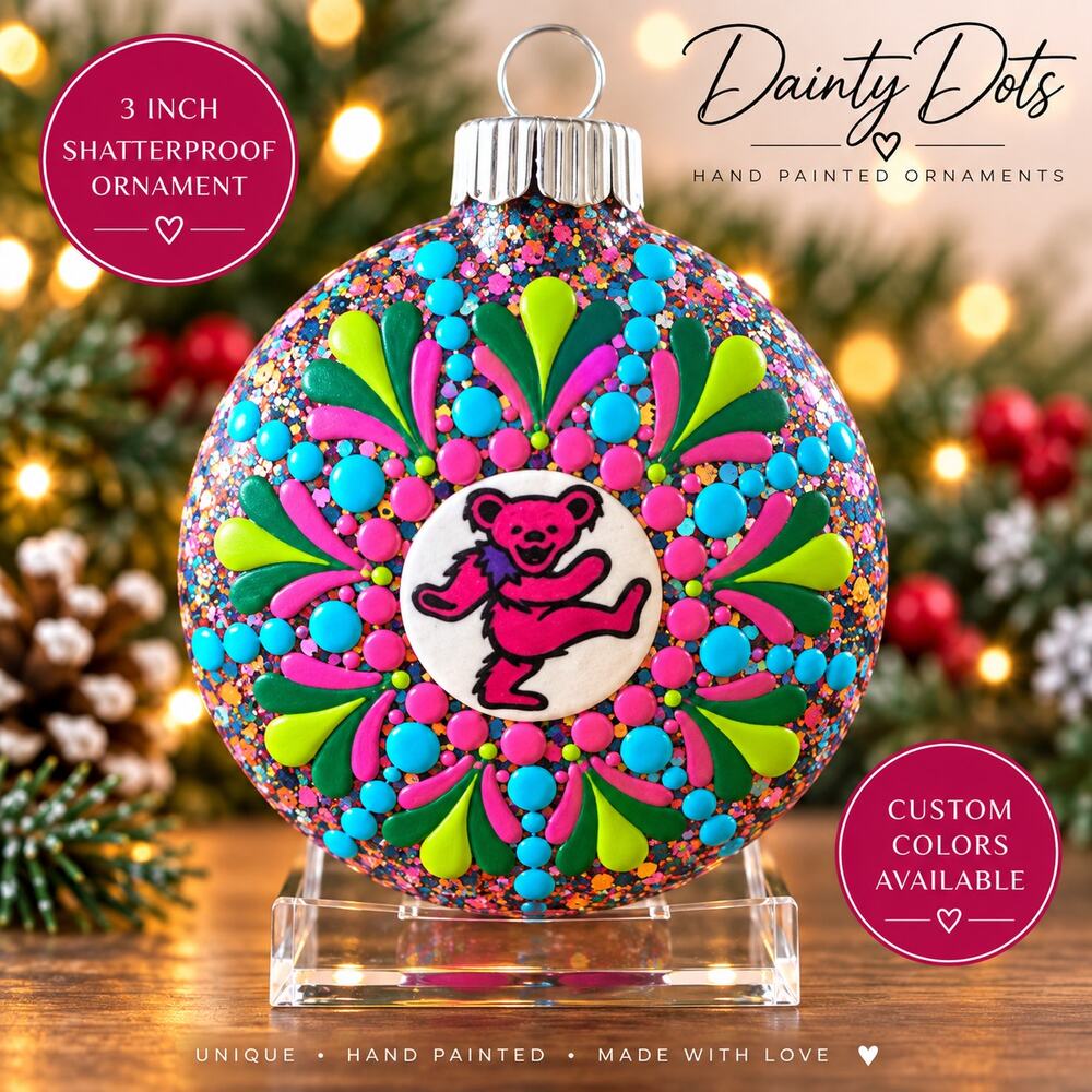 Hand Painted Grateful Dead Dancing Bear 3" Shatterproof Christmas Ornament
